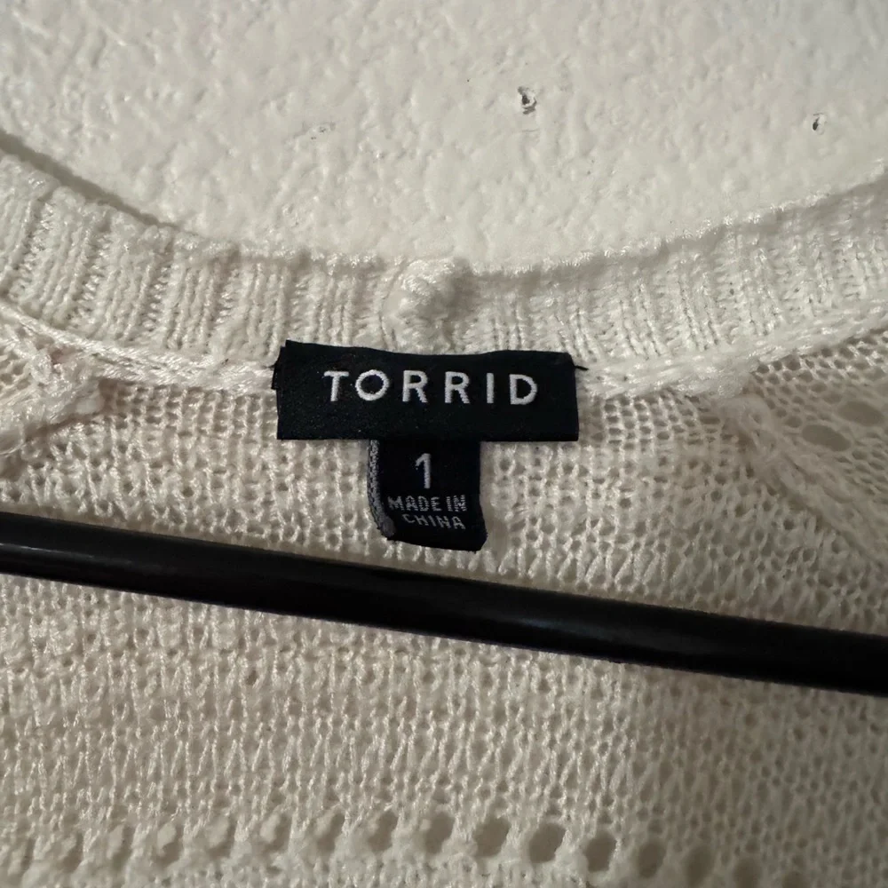 Torrid Drape Cardigan 3/4 Sleeve Open Knit Cream Tan Asymmetrical Size 1 Plus